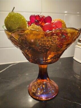VTG Indiana Glass Marigold Carnival Glass Harvest Grape Pedestal Compote Bowl